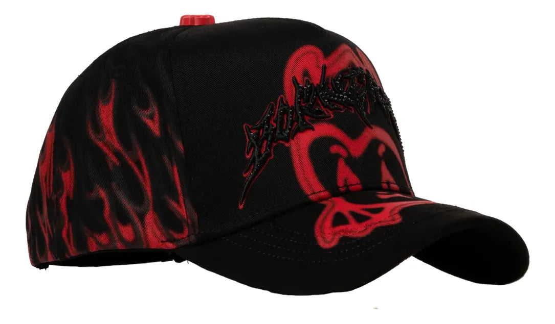 Gorra Barbas Hats "Born Crazy" — Negra con Llamas Rojas