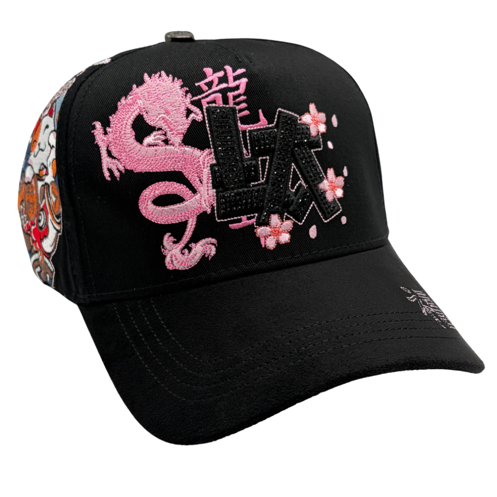 Gorra Rico Hats LA Japan Drop 2026 — Trucker negra con bordado japonés y pedrería