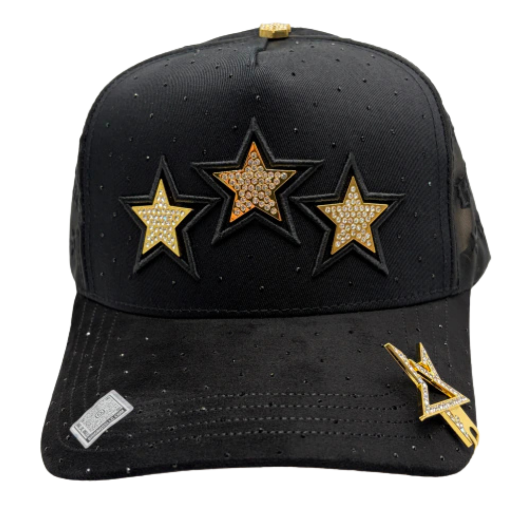 Gorra Bigg Boss Gold Stars — Snapback negra con pedrería dorada