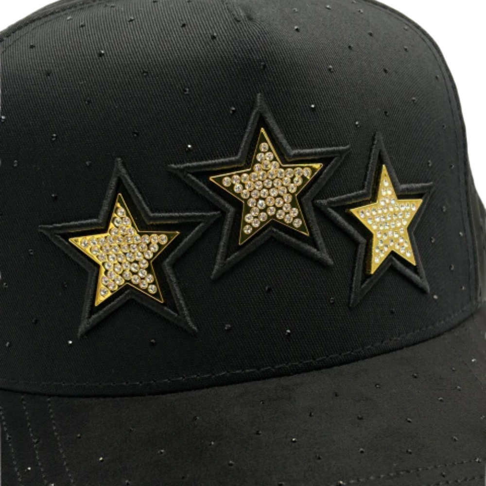 Gorra Bigg Boss Gold Stars — Snapback negra con pedrería dorada