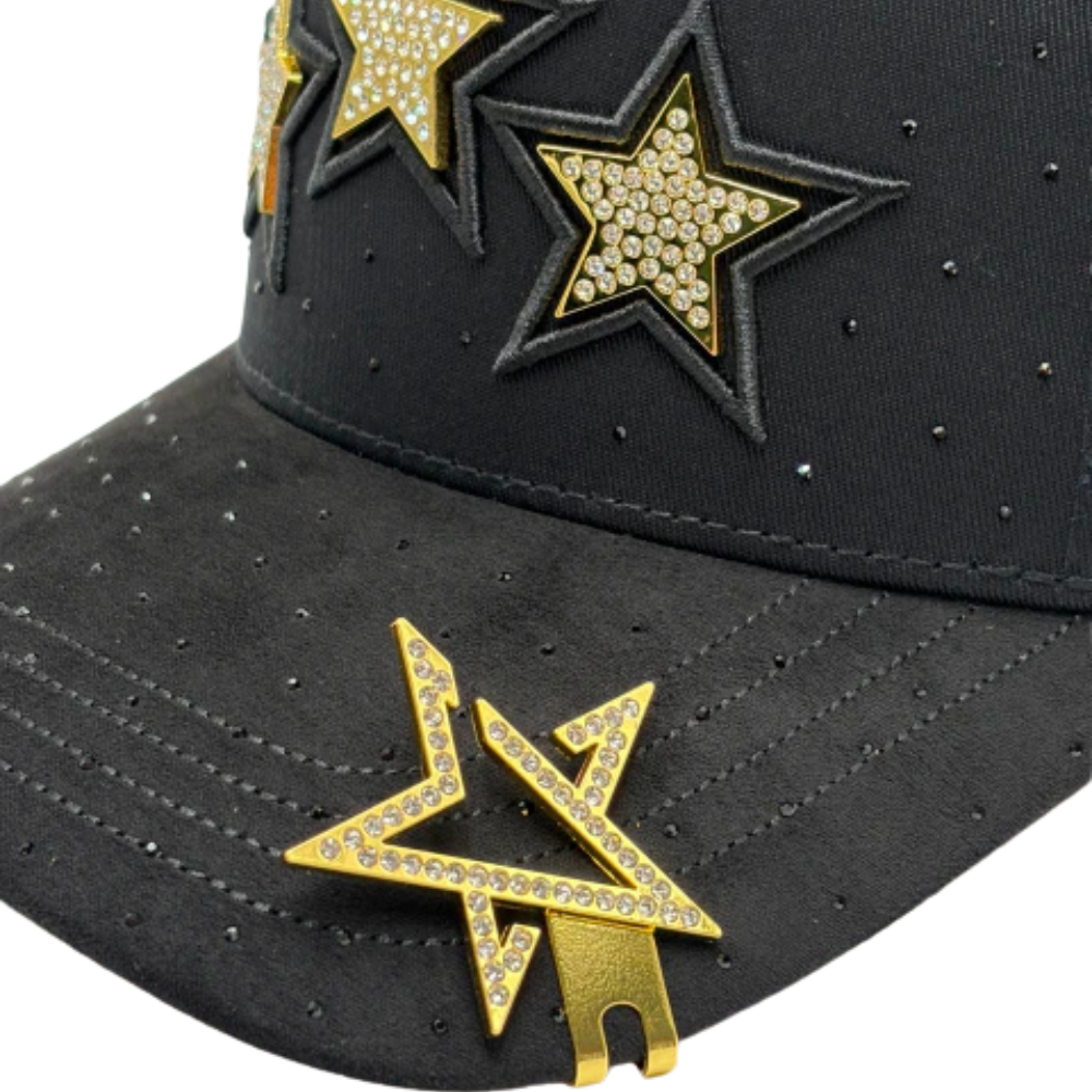 Gorra Bigg Boss Gold Stars — Snapback negra con pedrería dorada
