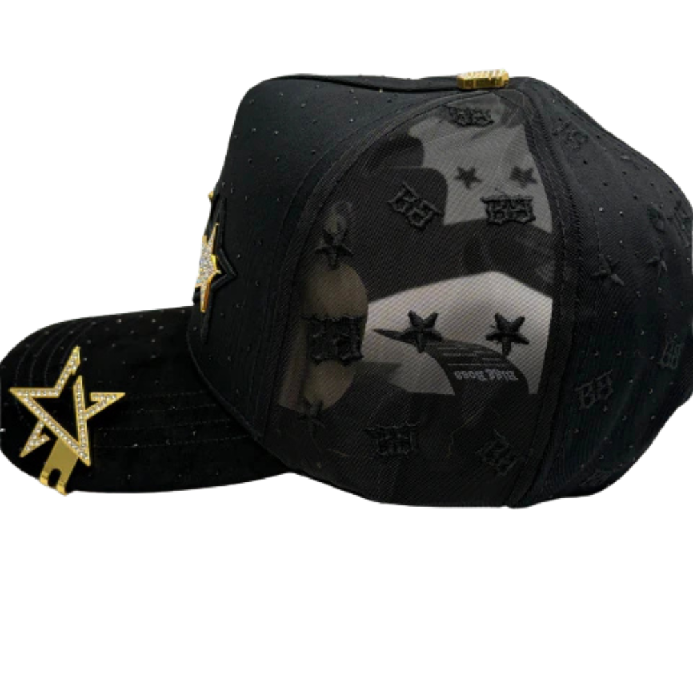Gorra Bigg Boss Gold Stars — Snapback negra con pedrería dorada