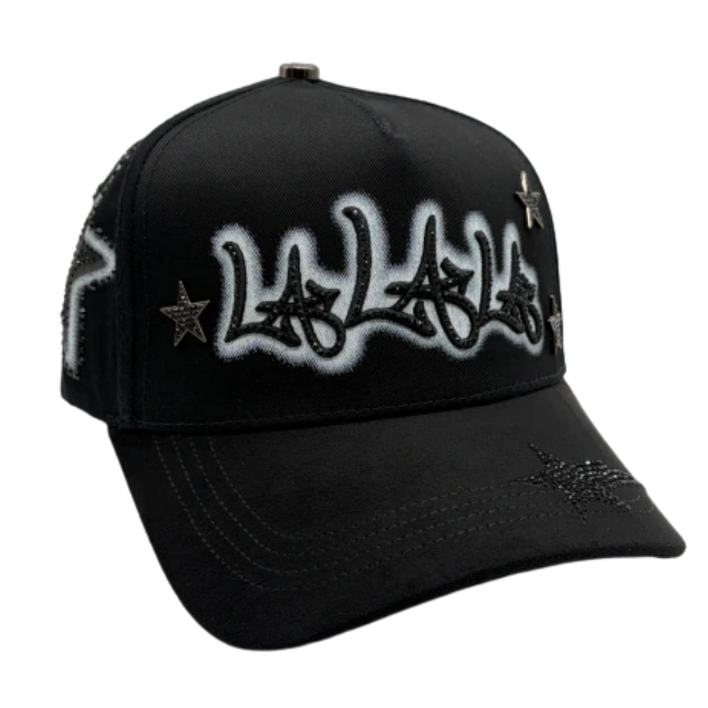 Gorra Rico Hats LALALA Black Drop 2026 — Trucker negra con pedrería